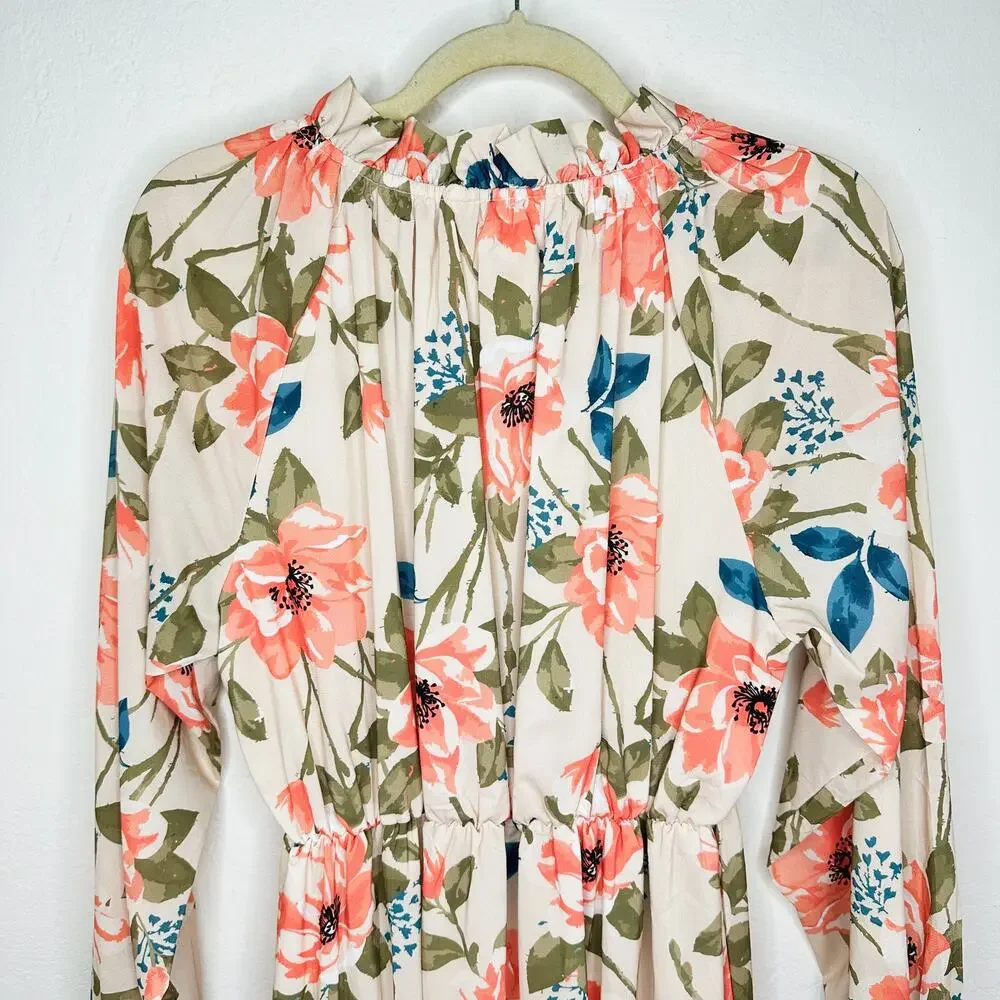 NWT Arthur Jane Claire Ruffle Neck Floral Long Sleeve Button Up Midi Dress Large - Picture 10 of 14